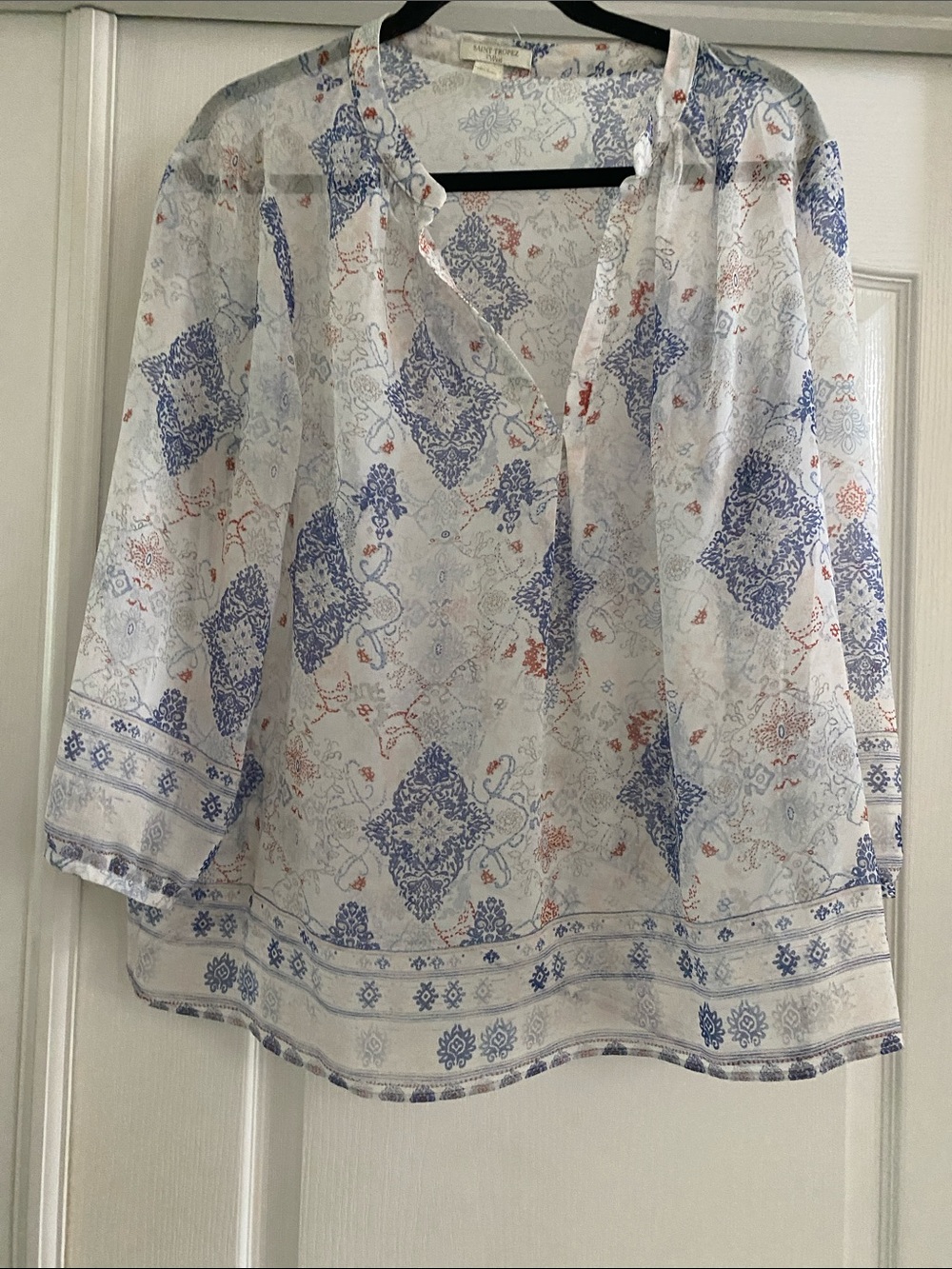 Saint Tropez West White Popover Blouse with Blue and Coral Print